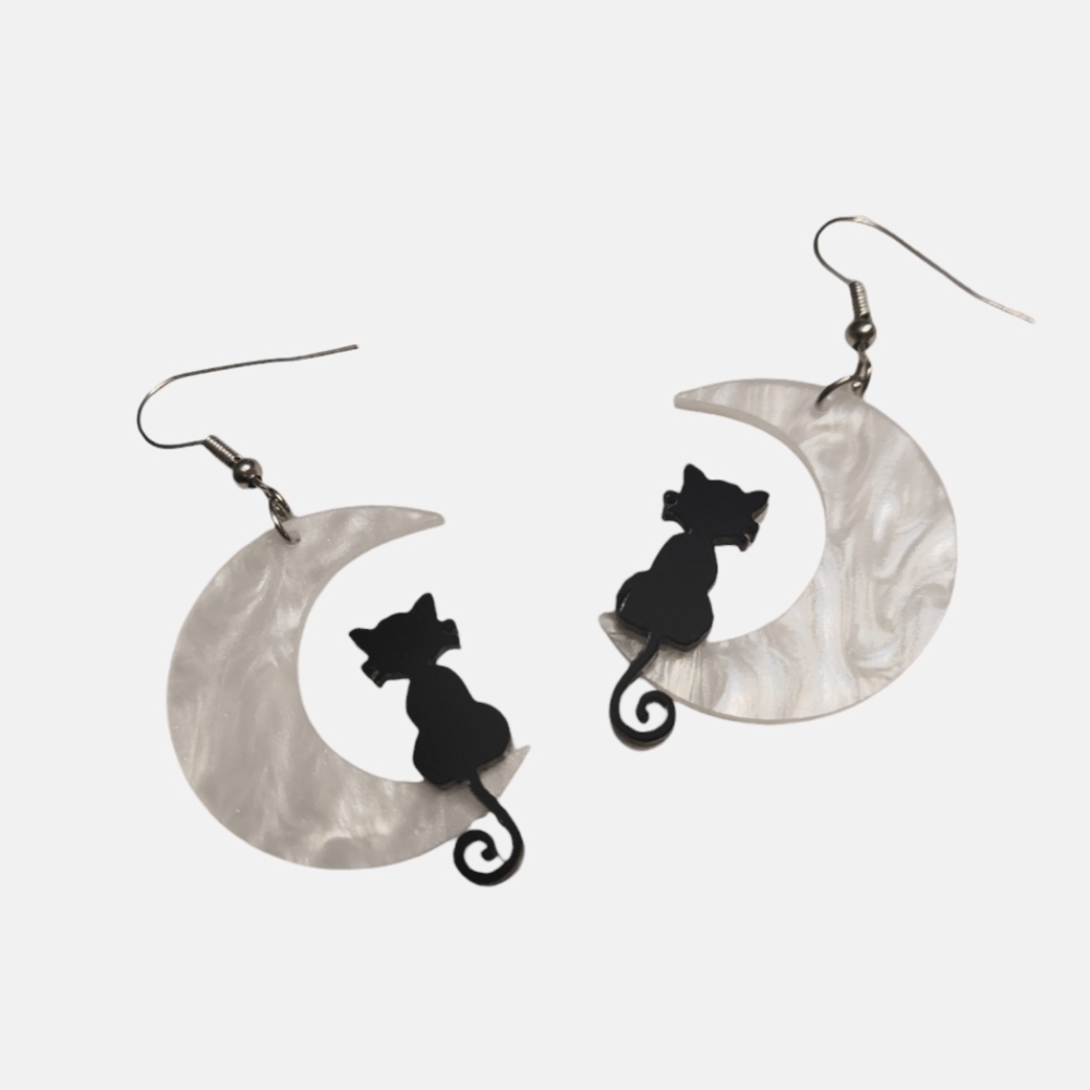 Cat Sitting On Quarter Moon Earrings